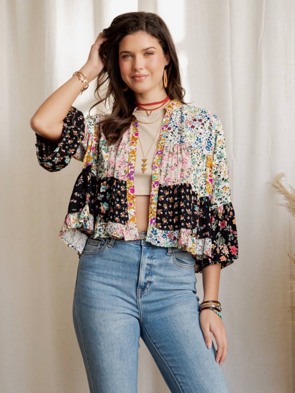 Mixed Floral Patchwork Cropped Open Front Top - Black Multi